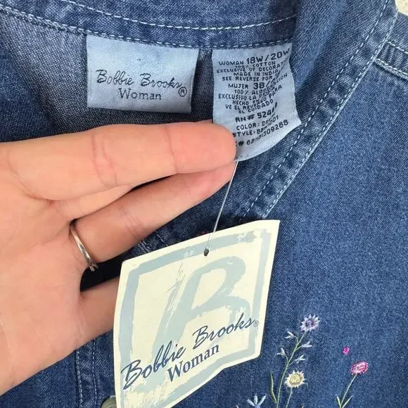 Bobbie Brooks NWT Vtg Floral Garden Embroidered Short Sleeve Jean Shirt 18W 20W - Picture 4 of 6